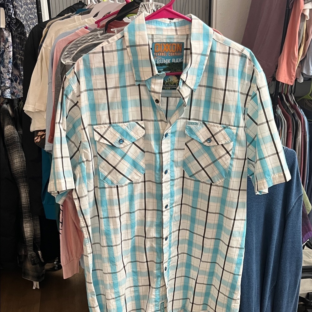 DIXXON “Trunk Bay” Men's Aqua Blue and White Plaid Shirt